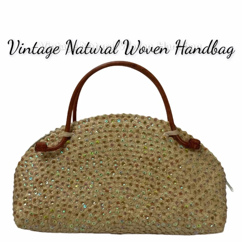 Vintage Handbag Woven Bamboo Wood Handle Sequins Handmade Bag Hand Crafted Purse